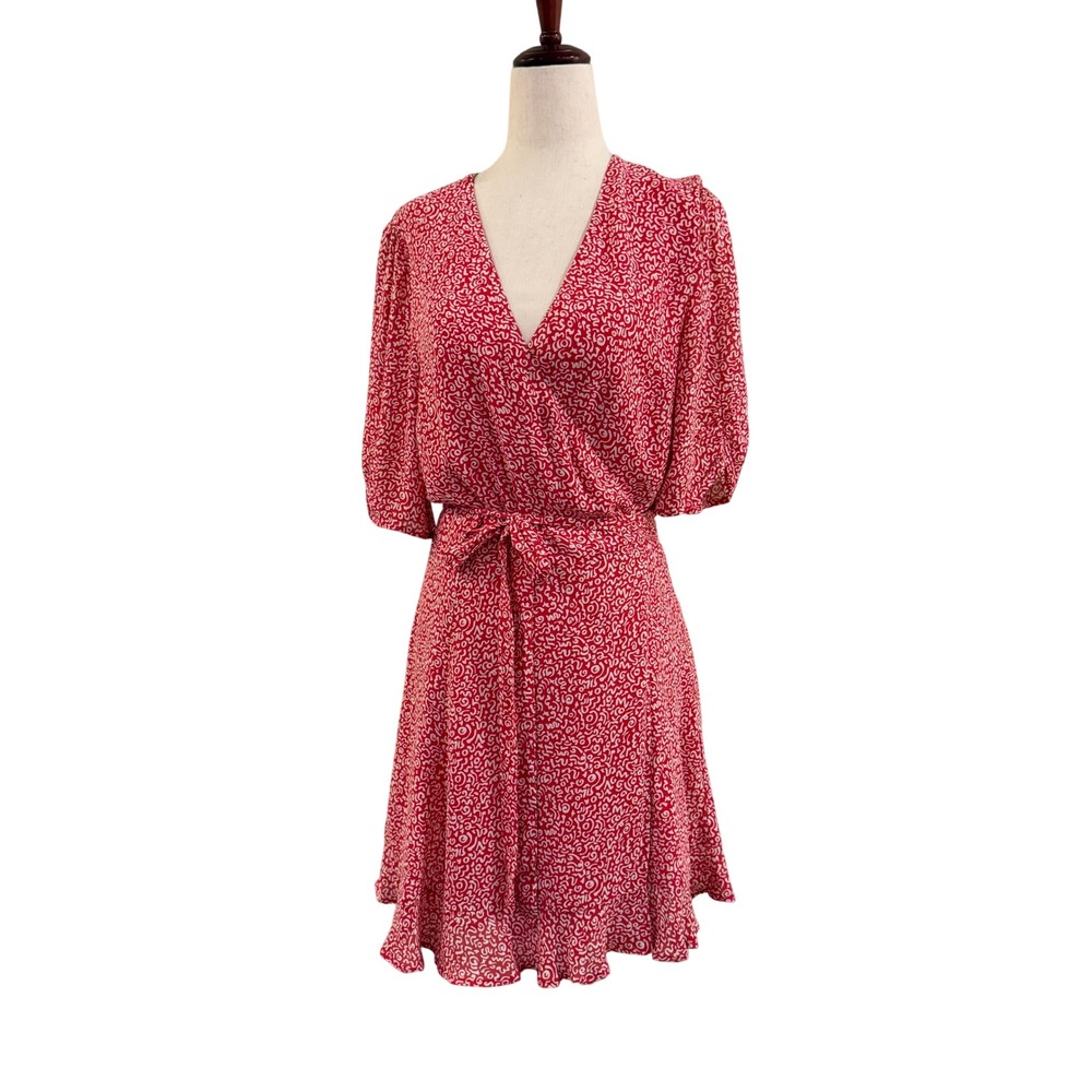 Reformation Monica Wrap Mini Dress Womens Large Red Abstract Print V-Neck Short‎